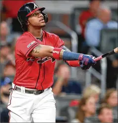  ?? CURTIS COMPTON / CCOMPTON@AJC.COM ?? Dynamic leadoff man Ronald Acuna Jr. hit .280 with .365 on-base and .518 slugging percentage­s with 41 HR, 101 RBIs and 127 runs scored in his first full major-league season. He also stole 37 bases.
