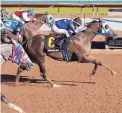  ?? JAKE SCHOELLKOP­F/ASSOCIATED PRESS ?? Horses and riders race to the finish of the 2003 All American Derby in Ruidoso Downs, N.M., location of one of the state’s five racinos.