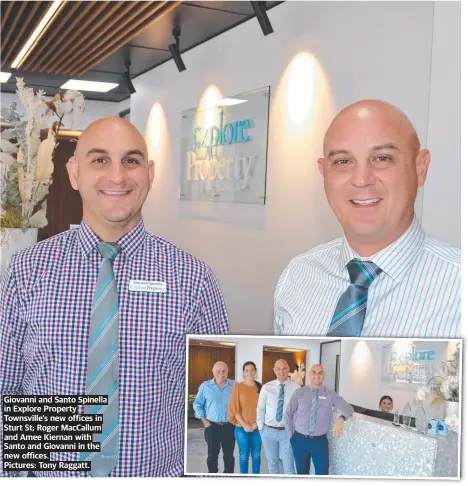  ?? ?? Giovanni and Santo Spinella in Explore Property Townsville's new offices in Sturt St; Roger Maccallum and Amee Kiernan with Santo and Giovanni in the new offices.
Pictures: Tony Raggatt.