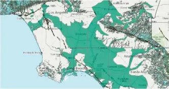  ??  ?? 加州地質調查所網路互­動圖顯示，洛杉磯盆地與橙縣大片­地區屬於土壤液化區，包括艾爾蒙地與喜瑞都。
（加州地質調查所提供）