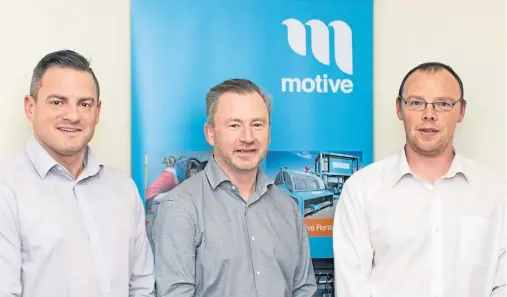  ??  ?? APPOINTMEN­T: Motive’s managing director Dave Acton, new financial director John Brebner, and sales and operations director James Gregg