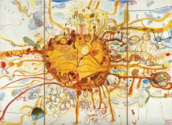  ??  ?? Above right: John Olsen, born Australia 1928, lived in Europe 1956–60, 1965–67: Sydney sun (or King Sun) 1965, oil on compositio­n board (a-c) 164.0 x 360.0cm (overall). National Gallery of Australia, Canberra Purchased with funds from the Nerissa...