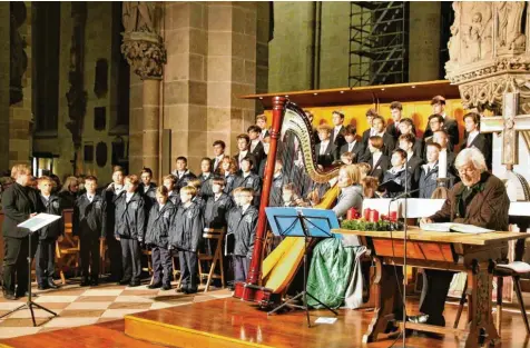  ?? Foto: Stefan Kümmritz ?? Im Ulmer Münster tragen die Regensburg­er Domspatzen gemeinsam mit Harfinisti­n Barbara Gasteiger und Erzähler Christian Wolff „Die alpenländi­sche Weihnacht“vor. Nicht im Bild ist das Ensemble Classique.