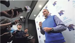  ??  ?? Memphis head coach Mike Norvell talks to reporters Saturday on the university’s campus. JOE RONDONE/THE COMMERCIAL APPEAL