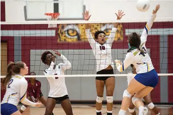  ?? Staff photo by Kelsi Brinkmeyer ?? ■ Liberty-Eylau player Cameron North prepares to block the ball as a North Lamar player hits the ball over the net during their match hosted by L-E on Wednesday in Texarkana.