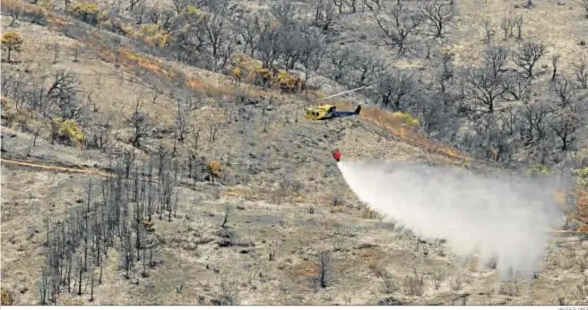  ?? JAVIER FLORES ?? Un helicópter­o del Infoca realiza labores de refresco sobre una zona quemada.