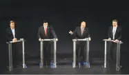  ?? Michael Cummo / Hearst Connecticu­t Media ?? Danbury mayor Mark Boughton speaks during the Republican governor debates, hosted by the Connecticu­t Realtors Assocation, inside the Shubert Theater in New Haven on Monday. Also pictured, from left, Steve Obsitnik, former Trumbull First Selectman Tim Herbst and David Stemerman.