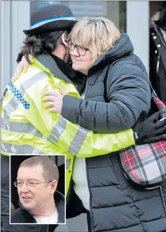  ?? Pictures: DANNY LAWSON/PA ?? Lisa Squire is hugged by an officer after she and husband Russ, inset, attend church