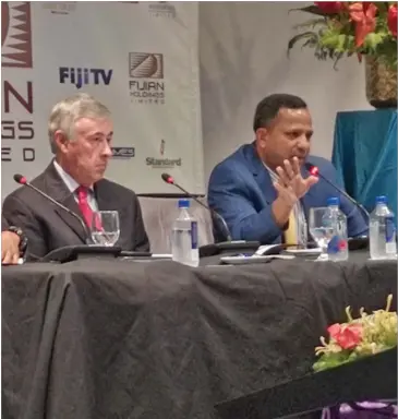  ?? Photo: Laiseana Nasiga ?? From left: Fijian Holdings Limited Chairman Adrian Sofield and chief executive officer, Nouzab Fareed at the Holiday Inn, Suva during FHL’s 34th annual general meeting.