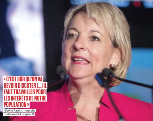  ??  ?? La nouvelle mairesse de Longueuil, Sylvie Parent, se dit prête à discuter avec ses anciens collègues devenus opposants en majorité autour de la table du conseil municipal. Les résultats provisoire­s lui donnent la victoire avec une mince avance de 118...