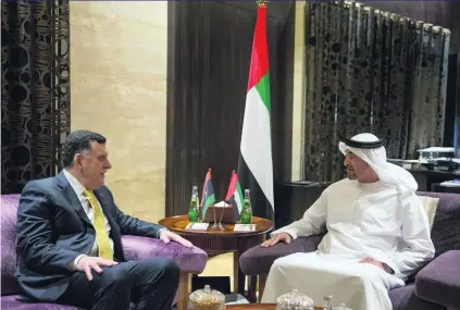  ?? Mohamed Al Hammadi / Crown Prince’s Court – Abu Dhabi ?? Sheikh Mohammed bin Zayed, Crown Prince of Abu Dhabi and Deputy Supreme Commander of the Armed Forces, yesterday received Fayez Al Sarraj, head of the Libyan Government of National Accord, at Al Shati Palace. The two leaders discussed fraternal ties of...