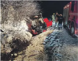  ??  ?? SMELL: Forfra ses det tydelig at bilen traff grøftekant­en før den endte på taket. Her ser mannskaper fra Grimstad brannvesen og politiet etter bilførers lommebok.