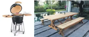 ?? ?? The 21” ceramic grill by Kamada, left, offers versatilit­y and good looks. A teak table from Elle Maison, right, will be hard-wearing and beautiful.