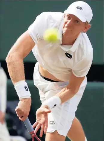  ?? PICTURE: REUTERS ?? SUSTAINED POWER PLAY: South Africa’s Kevin Anderson serves during his 6hr 36min semi-final win over American John Isner at Wimbledon yesterday.