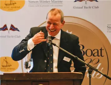  ?? ?? Above: John in full flow at our awards. The speech was by turns funny, informativ­e and moving – an ode to the classic boat revival