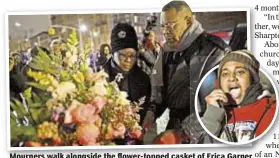  ??  ?? Mourners walk alongside the flower-topped casket of Erica Garner (inset) Monday in Harlem, where the 27-year-old was remembered for her activism after her father, Eric Garner, died in a police chokehold in 2014.