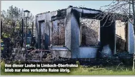  ?? ?? Von dieser Laube in Limbach-Oberfrohna blieb nur eine verkohlte Ruine übrig.