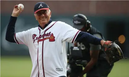  ??  ?? Longtime Braves pitcher Phil Niekro threw out the ceremonial first pitch before a 2019 playoff game at SunTrust Park in Atlanta. Photograph: Brett Davis/USA Today Sports