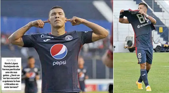  ?? ?? Kevin López festejando de forma particular uno de sus goles. ¿Será un `no los escucho' a quienes lo han criticados en este torneo?