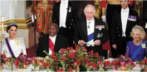  ?? — AFP ?? Royal honour: (seated from left) Catherine, ramaphosa and Camilla, Queen Consort listening as Charles speaks during a state banquet at buckingham Palace in London.