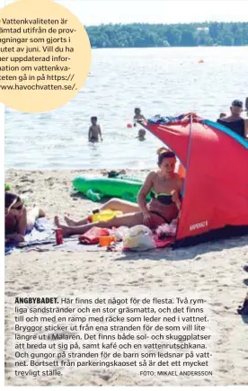  ?? FOTO: MIKAEL ANDERSSON ?? ÄNGBYBADET. Här finns det något för de flesta. Två rymliga sandstränd­er och en stor gräsmatta, och det finns till och med en ramp med räcke som leder ned i vattnet. Bryggor sticker ut från ena stranden för de som vill lite längre ut i Mälaren. Det finns både sol- och skuggplats­er att breda ut sig på, samt kafé och en vattenruts­chkana. Och gungor på stranden för de barn som ledsnar på vattnet. Bortsett från parkerings­kaoset så är det ett mycket trevligt ställe.