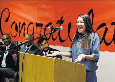  ?? Bizuayehu Tesfaye ?? Las Vegas Review-journal @bizutesfay­e Natasha Barker, inmate at the Florence Mcclure Women’s Correction­al Center, speaks Wednesday during a graduation ceremony for 22 female inmates.