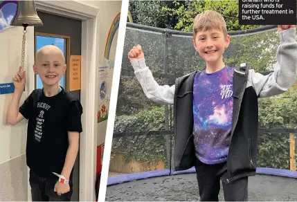 ??  ?? Henry Chaloner ringing the bell at the end of his treatment and on his trampoline where he is raising funds to help Henry Bard, pictured inset below with dad Graham who is raising funds for further treatment in the USA.