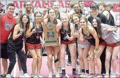  ?? Photograph­s courtesy Heather Wade ?? Pea Ridge Lady Blackhawk track team won first place at the Indoor track meet Saturday, Feb. 26, with almost 20 points more than the second-place finisher, Valley View.