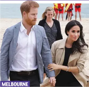  ??  ?? In the shadow of Harry and Meghan after their chat to lifeguards MELBOURNE