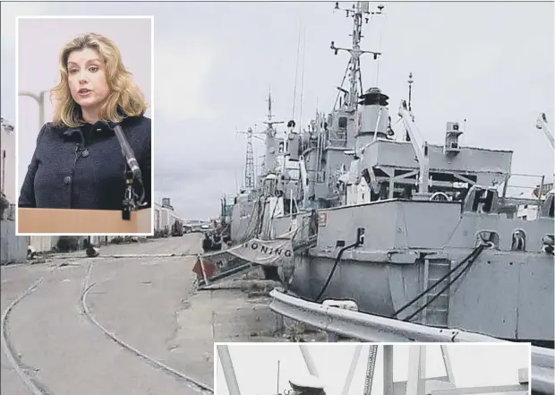  ??  ?? ILLUSTRIOU­S PAST HMS Bronington and, right, Lord Mountbatte­n watches as Prince Charles brings the minehunter alongside at HMS Vernon. Inset above, MP Penny Mordaunt
