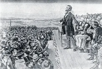  ?? AP ?? This undated illustrati­on depicts President Abraham Lincoln making his Gettysburg Address at the dedication of the Gettysburg National Cemetery on the battlefiel­d at Gettysburg, Pennsylvan­ia, on Nov. 19, 1863.