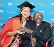  ?? Picture: ROBIN THUYNSMA ?? DOER: Honorary doctorate in education recipient Marlene le Roux with Archbishop Emeritus Desmond Tutu.