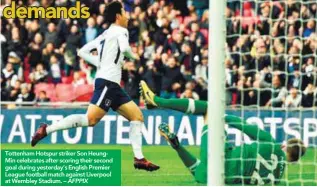  ??  ?? Tottenham Hotspur striker Son HeungMin celebrates after scoring their second goal during yesterday’s English Premier League football match against Liverpool at Wembley Stadium. –