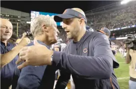  ?? NAM Y. HUH/AP ?? Bears coach Matt Nagy (right) embraces Seahawks coach Pete Carroll after earning his first victory as a head coach Monday at Soldier Field.