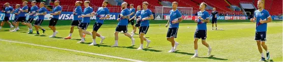  ?? AP ?? Iceland players warm up during a training session on Friday, eve of their Group ‘D’ match against Argentina at the Spartak Stadium in Moscow.