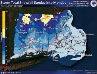  ?? NATIONAL WEATHER SERVICE MAP ?? Up to 8 inches of snow will be possible across central Massachuse­tts, with lowering amounts to the coastline.