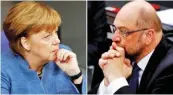  ??  ?? FABRIZIO BENSCH/REUTERS Two photos show German Chancellor Angela Merkel and Social Democratic Party (SPD) leader Martin Schulz as they attend a debate of the lower house of Bundestag in Berlin, Germany, on December 12, 2017.