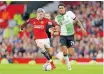  ?? ?? MANCHESTER United’s Alejandro Garnacho in action with Liverpool’s Jarell Quansah. Liverpool have a chance to return to the top of the English Premier League tomorrow if they defeat their hosts at Old Trafford. | Reuters