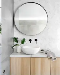  ??  ?? 3. In the ensuite, handmade ‘Saanti’ LED mirrors complement the curves of ‘Miska’ solid surface basins, both by ABI Interiors from FBI Interiors.
3