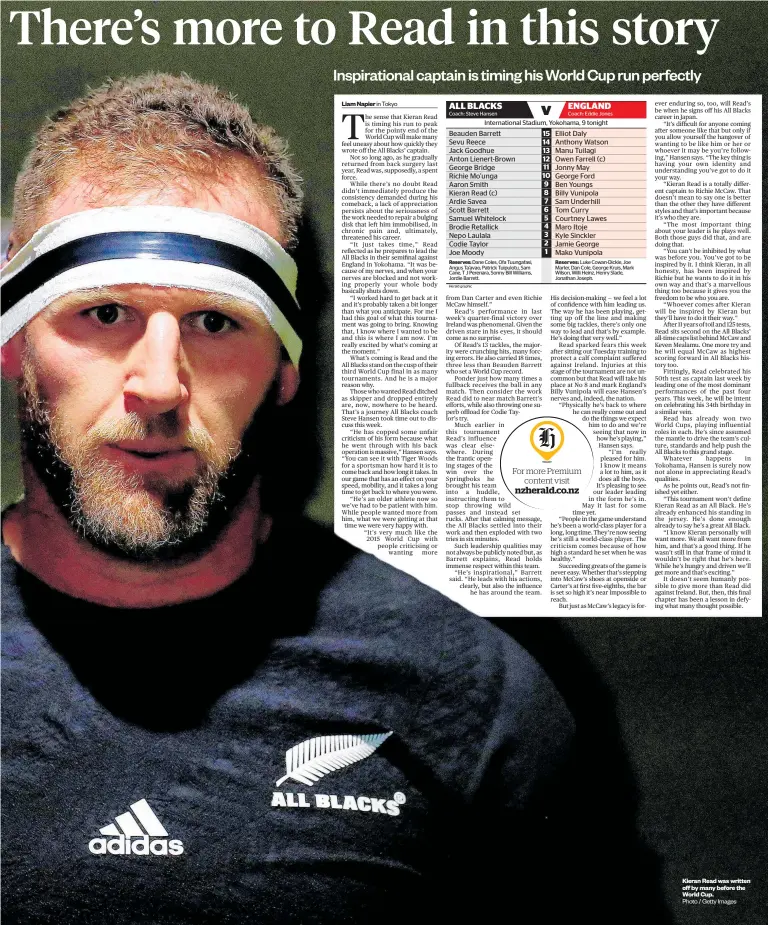  ?? Photo / Getty Images ?? Kieran Read was written off by many before the World Cup.