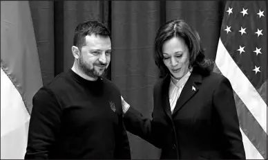  ?? TOBIAS SCHWARZ / POOL VIA ASSOCIATED PRESS ?? Vice President Kamala Harris and Ukrainian President Volodymyr Zelenskyy meet at a joint press conference Feb. 17 at the Munich Security Conference (MSC).