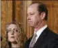  ?? MARC LEVY - THE ASSOCIATED PRESS ?? Jim Piazza, standing next to his wife Evelyn, pauses while speaking at a news conference in the Pennsylvan­ia governor’s reception room, Friday, Oct. 19, in Harrisburg, on antihazing legislatio­n.