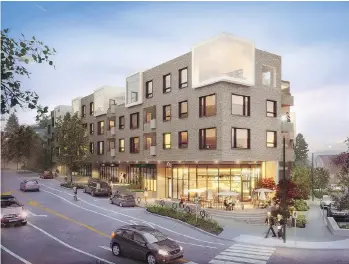  ??  ?? An artist’s rendering of the Bowker Collection, a new-home project in Oak Bay that features a rusticated brick facade and white, over-sized cube windows in the penthouses.