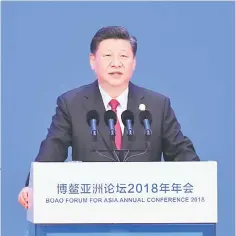  ??  ?? China’s President Xi Jinping delivers a speech during the opening of the Boao Forum for Asia (BFA) Annual Conference 2018 in Boao, south China’s Hainan province on April 10. The BFA annual conference 2018 takes place between April 8-11. — AFP photo