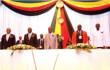  ??  ?? Top Pic: President Mnangagwa; Vice-Presidents Constantin­o Chiwenga and Kembo Mohadi, Local Government Minister July Moyo and Chief Fortune Charumbira sing the National Anthem in Gweru yesterday.