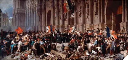  ??  ?? A la izquierda, el poeta y político Lamartine en el ayuntamien­to de París, negándose a la utilizació­n de la bandera roja, 25 de febrero de 1848, según el pincel de Henri Félix Emmanuel Philippote­aux (1815– 1884).