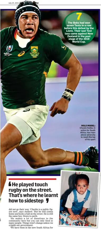  ??  ?? ROLE MODEL: Cheslin Kolbe, in action for South Africa, has risen above adversity to reach the top of his sport