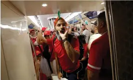  ?? ?? Banter on the line: Morocco fans on the Doha Metro before their game against Canada.