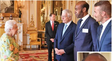  ??  ?? Royal line-up: John Major, Lenny Henry and David Beckham with the Queen