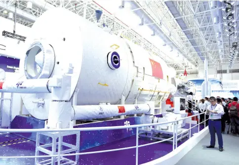  ?? — AFP photo ?? A partial model of Chinese space station is seen on display at the Airshow China 2018 in Zhuhai, south China’s Guangdong province.